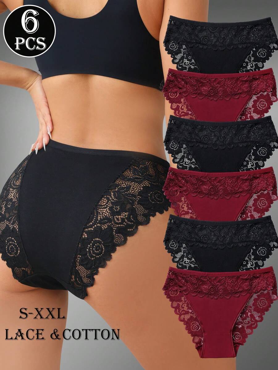 6pcs Elegant Solid Color Cotton Panty Comfy Style Lace Trim Briefs For Women