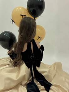 Young Girl Handmade Beaded Bow Party Elegant Grapefruit Dress, Princess Dress Suitable For Girls Birthday Party, Banquet, Ball, Evening Gown, Flower Girl, Bridesmaid Dress, Graduation, Pageant, Holiday Celebration - Black - View 5