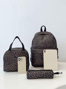 3-In-1 Casual Leopard Print Backpack Set, Includes Backpack, Lunch Bag, Crossbody Bag And Pencil Case, With Laptop Compartment, Multi-Pocket, Large Capacity, Suitable For Daily Use/Vacation/Travel/Back To School, For Women/Girls/Teens/College Students/Graduates