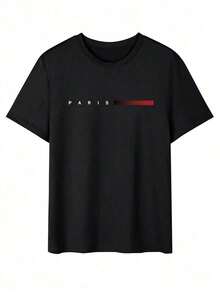 Camiseta casual de manga corta con cuello redondo y estampado de letras para hombre, verano en tela poliester semitransparente ligera - Negro - Ver 2