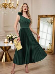 Rochie elegantă din satin cu un singur umăr, cu fundă 3D, fustă evazată, plisată, cu talie înaltă, în linie A, cu crăpătură laterală, potrivită pentru petrecere, banchet, nuntă, domnișoare de onoare