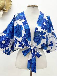 KISTYLE Blusa crepe com manga morcego com amarrado - Azul e Branco - Visão 1
