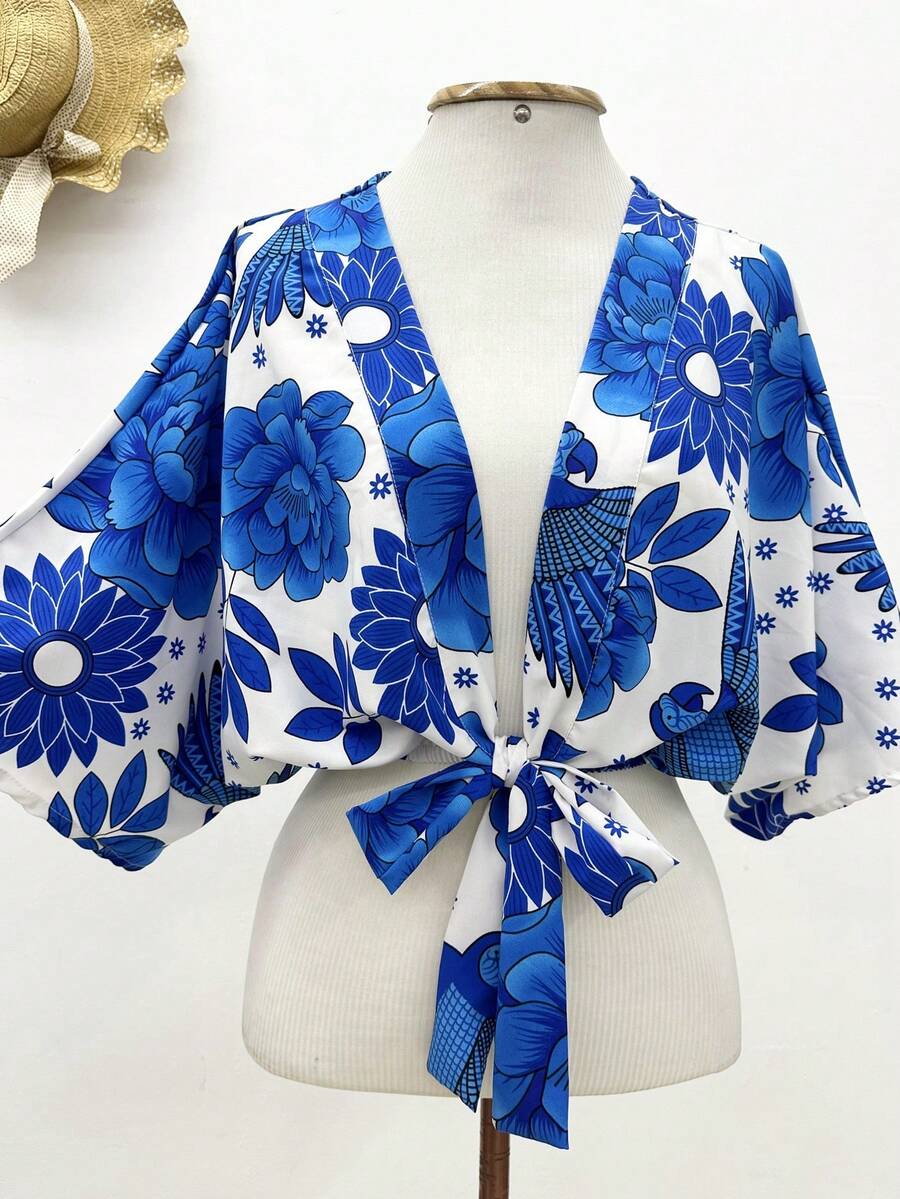 KISTYLE Blusa crepe com manga morcego com amarrado - Azul e Branco - Visão 1