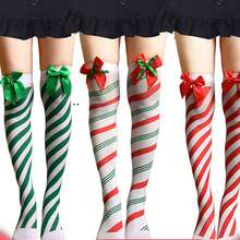 1 Pair Women's Green & White Striped Bow Decor Over-The-Knee Socks