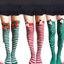 1 Pair Women's Green & White Striped Bow Decor Over-The-Knee Socks