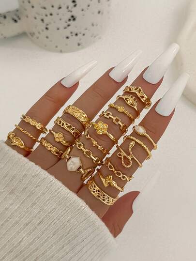 21pcs/Set INS Style Rose Flower, Snake, Clover, Eye, Thorn Chain, Figure 8, Rhombus Oil Drop Rings Set For Women