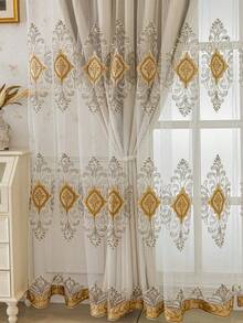 1 pieza Cortina de panel de lujo beige exquisita con bordado 3D, con ojales en la parte superior, protección blackout y aislamiento térmico grueso, adecuada para sala de estar, dormitorio, oficina, decoración del hogar