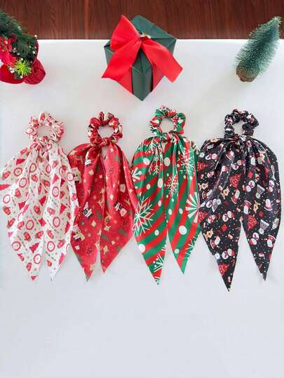 1pc Snowman Christmas Casual Party Cute Nylon New Christmas Decoration Ribbon Scarf Bow Scrunchie Ponytail Elastic Hair Tie, Autumn/Winter ,Christmas Decorations Home Holiday Essential ,Ponytail Holders ,Hair Elastics ,Hair Rubber Bands ,Hair Rope ,Gifts