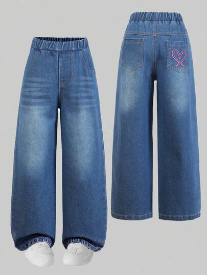 Girls' Casual Jeans, Spring/Autumn 2025 New Heart Embroidery Pocket Loose Straight Leg Pants, Versatile Wide Leg Trousers For Students
