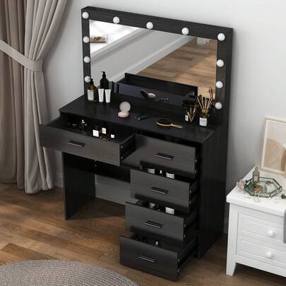 Black Dresser Table Makeup Desk With 5 Drawers 11 LED Mirror Bedroom Vanity Set - Perfect For Organizing Makeup, Skincare, Vanity Furniture, Compact For Small Space, Bedroom Decor Gift , Suitable For Christmas And Halloween Decorations