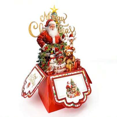 1pc Vintage 3D Christmas Greeting Card With Santa Claus, Reindeer & Tree Design - Red Paper Holiday Card, Festive Holiday Party Invitation For Friends & Family, No Batteries Needed, Christmas Greeting Cards