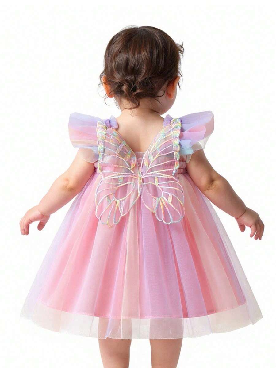 Baby Girl Butterfly Wings Dress For Girls Birthday Party Fairy Tulle Princess Toddler Sleevless Tutu Dresses - Pink - View 1