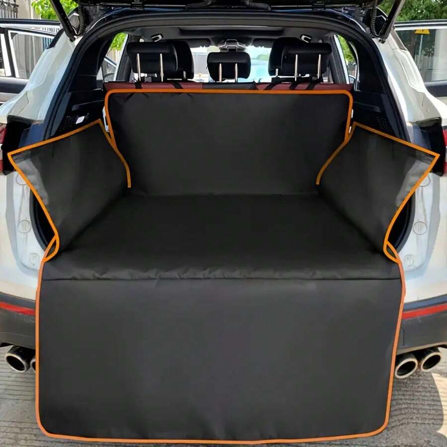 1 pieza Alfombrilla antideslizante para maletero de alta resistencia, protector de área de carga con agarre y superficie resistente a arañazos, fácil de limpiar - Diseño elegante en negro y naranja, apto para SUV, sedán, camioneta - Accesorio interior del automóvil, forro del maletero, alfombrilla de maletero de moda, funda para asiento de coche para perros, funda para asiento de coche para mascotas