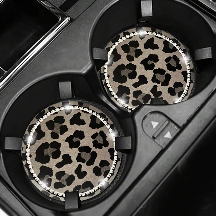 2pcs Leopard Print Rhinestone Decorated Car Cup Holders, Car Interior Decor - one-size - View 1