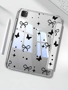 这款精美可爱的卡通黑蝴蝶波点蝴蝶结双面彩绘亚克力透明水晶背壳，防震设计，适用于 iPad 第七代、第八代（10.2 英寸）和第十代。内置笔槽，支持睡眠唤醒功能/多种折叠支架方式。是万圣节和新年礼物的理想之选。