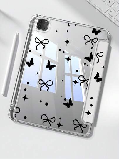 这款精美可爱的卡通黑蝴蝶波点蝴蝶结双面彩绘亚克力透明水晶背壳，防震设计，适用于 iPad 第七代、第八代（10.2 英寸）和第十代。内置笔槽，支持睡眠唤醒功能/多种折叠支架方式。是万圣节和新年礼物的理想之选。