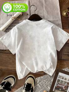 Dog Motif Print, 100% Cotton, Figure-Hugging, Fashionable Women's Short-Sleeved Shirt - 白色 - 查看 3