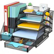 Caja de almacenamiento de escritorio, bandeja de crédito de papel de 5 niveles, organizador de archivos de escritorio con clasificador Vertical adicional de archivos, cajón deslizante y soporte para bolígrafos - negro 1 - Ver 10