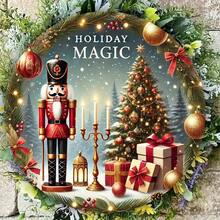 1pc Holiday Magic Round Metal Tin Sign, 3D Walnut Clip Mural, Foil Engraving Home Decoration, Multifunctional Holiday Wall Ornament, Iron, English Text, Wall Hanging, Diameter 12inch