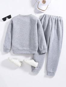 Tween Girl Cartoon Print Warm Crew Neck Sweatshirt And Pants Set - Xám - Xem 2