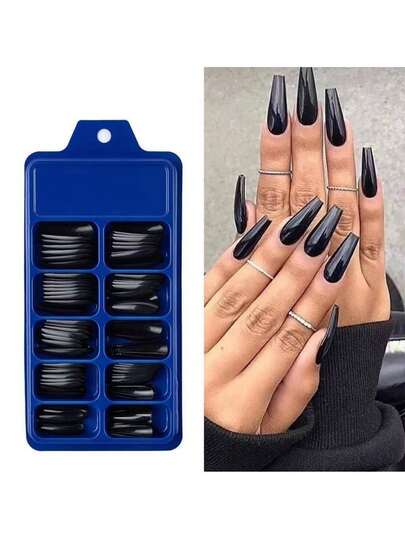 Kit 100 Unhas Postiças Pretas – Curtas e Longas/ Para Alongamento/ Decoração/ Nail Art Profissional/ Autocolantes/ Reutilizáveis e Moda Feminina Elegante