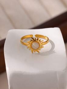 1pc Stylish Gold Stainless Steel Sun & Blue Cat Eye Stone Open Ring For Women Party Jewelry Gift - Yellow Gold - View 7