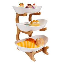White 3-Tier Plastic Fruit Stand, Bamboo-Style Multi-Level Display Tray For Party Snacks & Dessert Serving With Stable Base - Wood, White - View 11