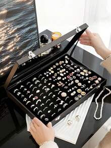 1pc 100-Slot Velvet Sponge Ring Display Box, Jewelry Storage Box, Display Box, Ring Cufflink Jewelry Tray, Necklace Storage Box With Transparent Cover, High Quality 20-Hook Necklace Display Tray With Transparent Glass Cover, Suitable For Women And Girls Jewelry Pendant Storage Box (Black), 20-Hook Necklace Jewelry Box, Jewelry Box Can Hold 100 Rings