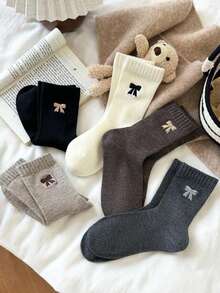 3/5 Paar Damen süße Schleife Lässig Crew Knöchelsocken, Farben zufällig, geeignet für den täglichen Gebrauch