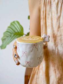 1pc 270ml Cute 3D Floral Ceramic Mug With Handle & Bow Decor, Suitable For Coffee, Latte, Breakfast, Gift
