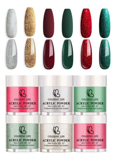 6-Color Red & Green Gold Silver Christmas Acrylic Nail Powder - Quick-Drying, Odorless, Perfect For 6 Colors Golden Glitter Yellow Green Dark Red Sliver Christmas Eve Cover Powder For Nail Art Extension, (DP-Q-6pcs-10g/Box)