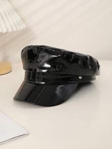 1 件女式黑色和红色闪亮皮革防水铆钉朋克风格平顶报童帽，适合派对、表演、购物和拍照