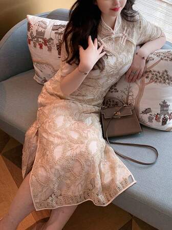 GLEC Plus Size Women's Solid Color Lace Pearl Cheongsam Dress, Suitable For Wedding, Stage Performance, Formal Dinner Party In Summer