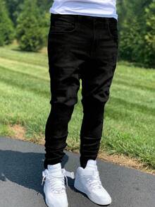 Straight Fit Washed Denim Jeans, Versatile Commuter Slant Pocket Jeans For Men & Women, Skinny Fit Casual Wear, Cotton Fabric For All Seasons - Black - View 3