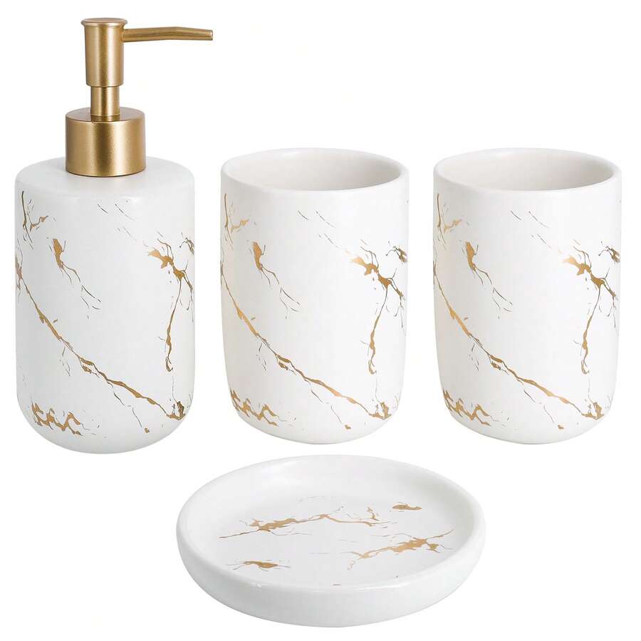 1 Set Ceramic Bathroom Accessories, Includes Soap Dispenser, Toothbrush Holder & Soap Dish, Minimalist Bathroom Decor Set For Sink Countertop - trắng - Xem 1