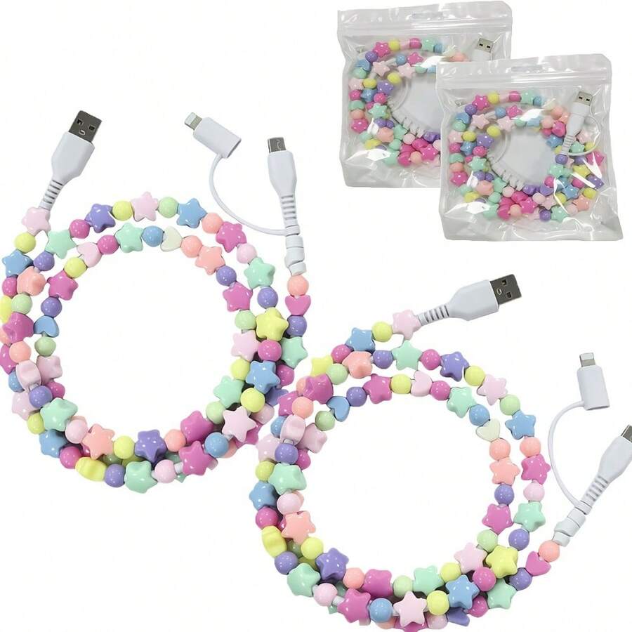 2pcs USB C Cable Compatible For IPhone Charging Cable 2-In-1 Multi Charging Cable Fast Charging Cable Star Bead 3.3ft Women Compatible For IPhone 16/15 Pro Max-Color - Colorful - View 1