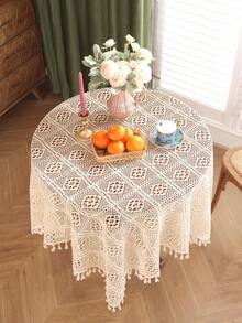 1 件复古钩针流苏桌布，简约设计桌垫，农舍蕾丝餐桌装饰，圆形/方形桌面盖，适用于厨房、梳妆台、婚礼派对 - 米色 - 查看 19