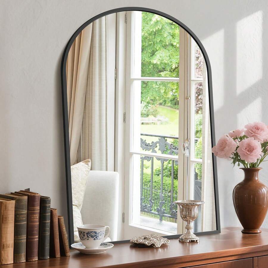 Sweetcrispy Arched Black Bathroom Mirrors For Wall, Bathroom Mirrors For Over Sink, Metal Framed With HD Shatter-Proof Glass For Entryway, Living Room, Bedroom - 黑色 - 查看 1