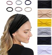 Diademas Anchas para Mujer,6 Turbante Extra para Mujer y 6 Ligas para Peinar el Cabello Altamente Elásticas,Bohemias,Grandes Bandas de Entrenamiento Deportivo para Yoga, Correr, Deportes - Negro + Blanco + Amarillo + Azul Marino + Gris Floral Claro + Caqui - Ver 9