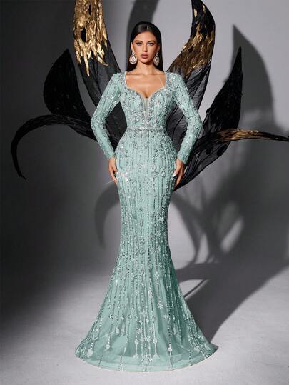 Glamorous Sequin Embellished Deep V-Neck Long Sleeve Formal Dress Wedding Spring Party