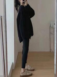 女士秋冬简约风格宽松中长套头衫 - 黑色 - 查看 5