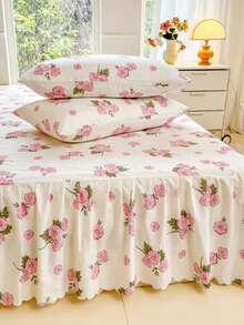 3件套（1件床裙，2件枕套）白色纯色床裙，粉色玫瑰，鲜花，花卉印花图案，荷叶边床裙，全覆盖防尘罩，裙边床裙套三件套褶皱床裙，含2个枕套床上用品套装 - 粉紅櫻晨露 - 查看 10