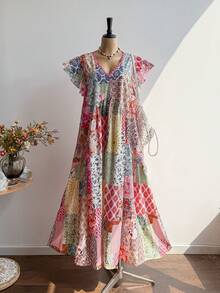 Rusttydustty Bohemian Style Pink Floral V-Neck Ruffle Sleeve Casual Dress, Suitable For New Year, Valentine's Day And Other Occasions