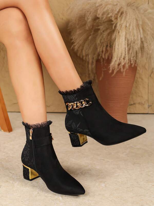 Botas de salto grosso versáteis e da moda, botas de cano curto com cadarço e zíper lateral, botas de salto alto com bico fino