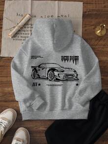 1件男童休闲印花套头卫衣，保暖内衬，长袖，秋冬季 - 酷炫汽车图案