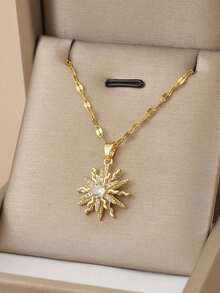 1pc Stainless Steel Women Necklace With Rotating Sunflower & Snowflake Pendant - Yellow Gold - View 4