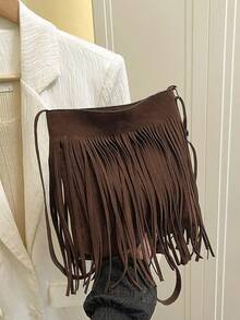 1 pieza Bolso de hombro cuadrado con decoración de flecos estilo bohemio vintage, diseño minimalista casual, se puede usar como bolso de hombro o bandolera, estilo versátil adecuado para - Bolso bandolera con borlas 2 - Ver 12