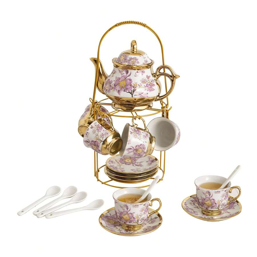 Vintage Purple Ceramic Tea Set 20-Piece | Gold Stand For Holiday Gift - Màu tím - Xem 1