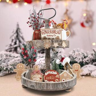 Juego de 12 piezas de decoración para bandeja escalonada navideña, letreros de mesa de madera de invierno navideños, decoraciones rústicas de hombre de jengibre, árbol de Navidad, muñeco de nieve, decoración de estilo granja para mesa de café, adecuado para el hogar, jardín, reuniones, fiestas, cafeterías, restaurantes, biblioteca, decoración de oficina, regalo perfecto para las fiestas