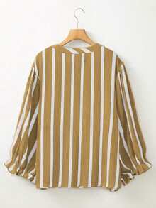 Plus Size Women V-Neck Ruffle Sleeve Random Striped Print Blouse Top, Autumn Spring - Yellow - View 3